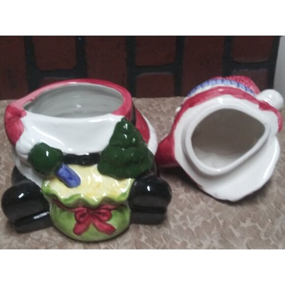 "Santa Claus" cookie jar 9" tall Vintage Santa sitting with gift bag ceramic EUC - Picture 6 of 7